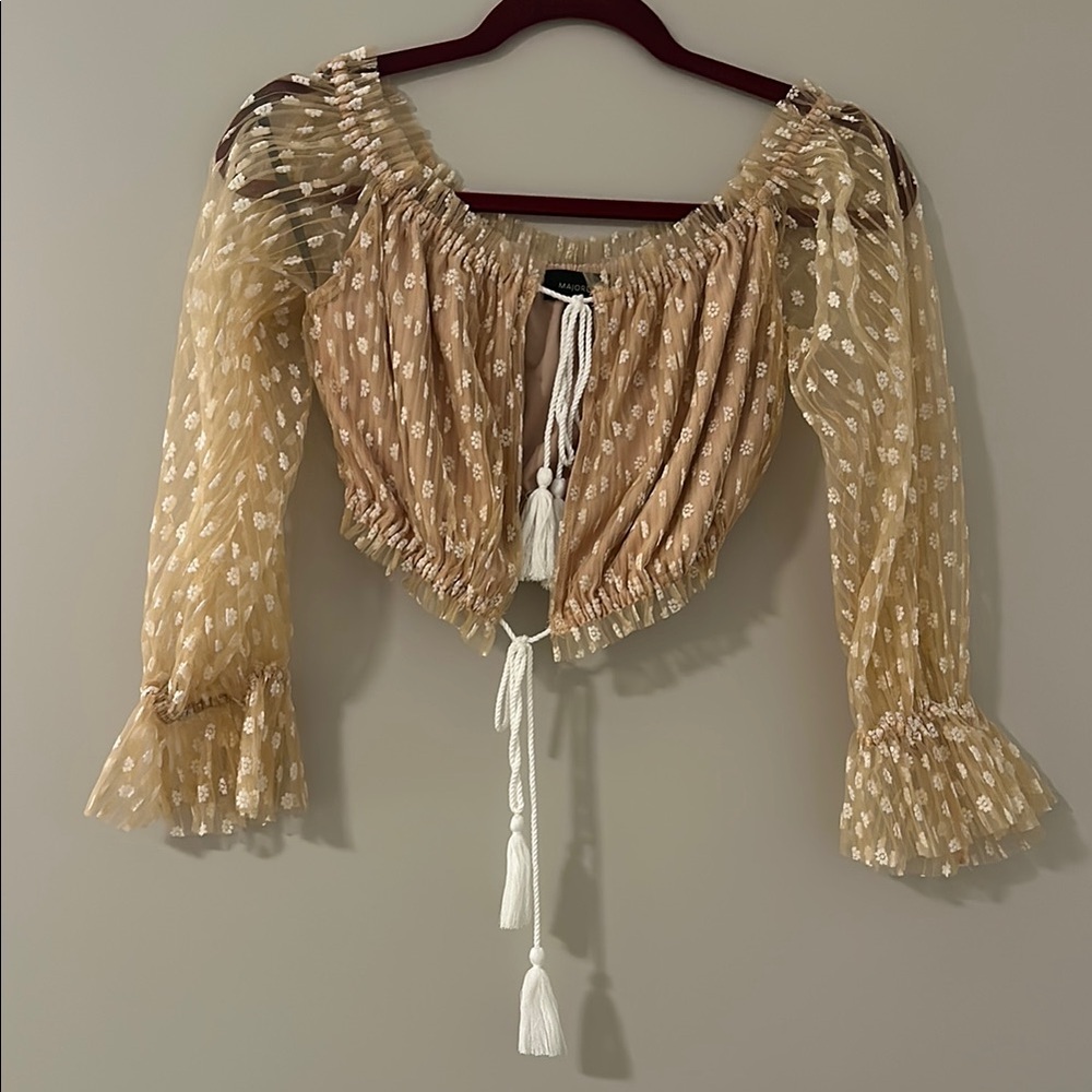 MAJORELLE Cream Flutter Sleeve Crop Blouse